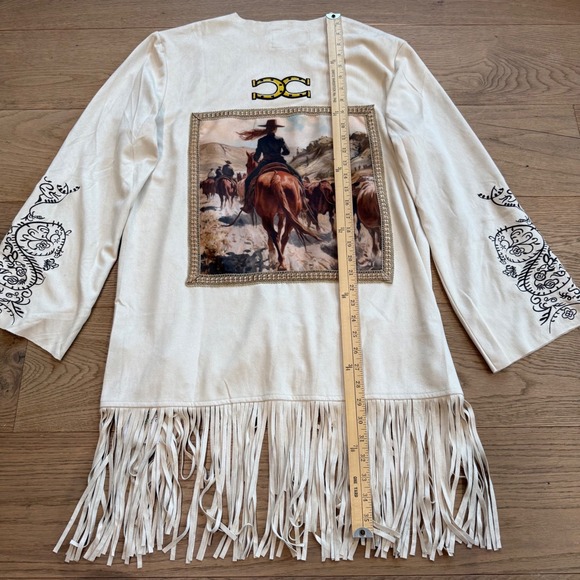 Vocal Lesal Upcycled Western Faux Suede Fringe Cardigan Cowgirl Graphic XL Cream - Picture 8 of 9
